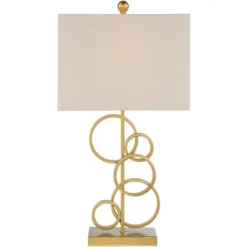 360 Lighting Saul Modern Table Lamp 26" High Brass Gold Metal Open Rings Oatmeal Fabric Rectangular Shade For Bedroom Living Room Bedside Nightstand -360 Lighting GUEST ea783f82 6ff6 4b1a a208 656129c70e74