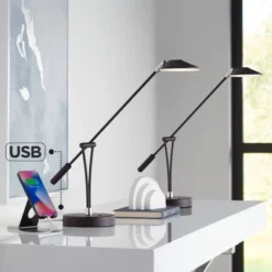 360 Lighting Arnie 20" High Small Modern Desk Lamps Set Of 2 USB Port Adjustable LED Satin Black Metal Home Office Living Room Charging Bedroom