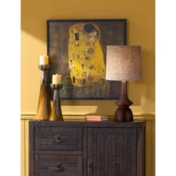 360 Lighting Mid Century Modern Table Lamp 24" High Walnut Faux Wood Brown Off White Linen Drum Shade For Bedroom Living Room House Bedside Office -360 Lighting GUEST eba01e34 9fd5 4934 bc00 5beea24ab208