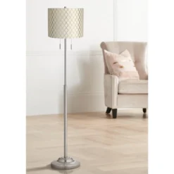 360 Lighting Abba Modern Floor Lamp Standing 66" Tall Brushed Nickel Off White Embroidered Hourglass Drum Shade For Living Room Bedroom Office House