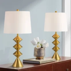 360 Lighting Stacked Diamonds 24" High Small Mid Century Modern Table Lamps Set Of 2 Gold Finish Metal White Shade Living Room Bedroom Bedside