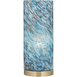 360 Lighting Modern Coastal Accent Table Lamp 13 1/2" High Brass Blue Art Glass Cylinder Shade For Bedroom Living Room Nightstand -360 Lighting GUEST f300f27e 1b9d 48c6 a663 5fd8150c75dc