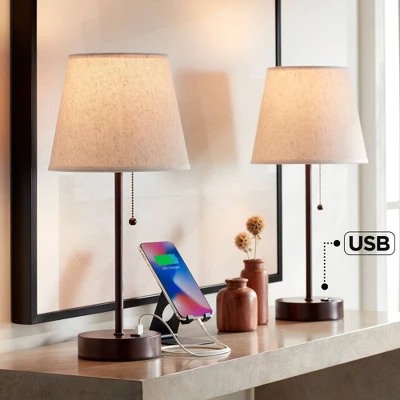 360 Lighting Justin Modern Accent Table Lamps 18 1/4" High Set Of 2 Marbled Bronze Metal With USB Charging Ports Oatmeal Drum Shade For Bedroom Desk 3 360 Lighting Justin Modern Accent Table Lamps 18 1/4" High Set Of 2 Marbled Bronze Metal With USB Charging Ports Oatmeal Drum Shade For Bedroom Desk
