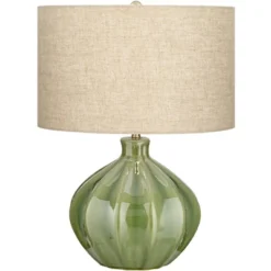 360 Lighting Gordy Modern Accent Table Lamp Handcrafted 20 1/2" High Ribbed Green Ceramic Oatmeal Fabric Drum Shade For Bedroom Living Room Bedside -360 Lighting GUEST f539eafe 195b 44c5 b549 350aebf22147