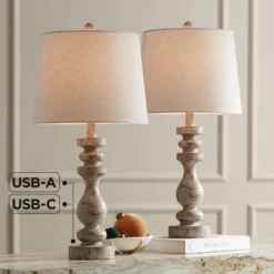 360 Lighting Jordanna 26" High Candlestick Farmhouse Rustic Country Cottage Table Lamps Set Of 2 USB Port White Distressed Finish Living Room Charging
