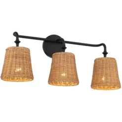 360 Lighting Keanu Farmhouse Rustic Wall Light Matte Black Hardwire 23 1/4" 3-Light Fixture Natural Rattan For Bathroom Vanity -360 Lighting GUEST f68b21f4 3e52 455a 99e1 56771be7b708