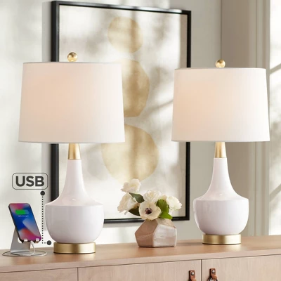 360 Lighting Nesbit Modern Mid Century Table Lamps 25" High Set Of 2 White Ceramic With USB Charging Port Drum Shade For Bedroom Living Room Bedside 3 360 Lighting Nesbit Modern Mid Century Table Lamps 25" High Set Of 2 White Ceramic With USB Charging Port Drum Shade For Bedroom Living Room Bedside