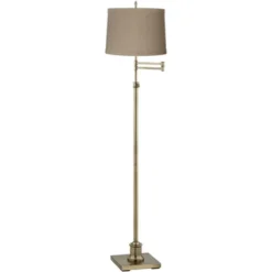 360 Lighting Swing Arm Floor Lamp 70" Tall Antique Brass Natural Linen Drum Shade For Living Room Reading Bedroom Office