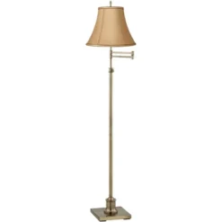 360 Lighting Traditional Swing Arm Floor Lamp Adjustable Height 70" Tall Antique Brass Tan Bell Shade Brown Trim For Living Room Reading